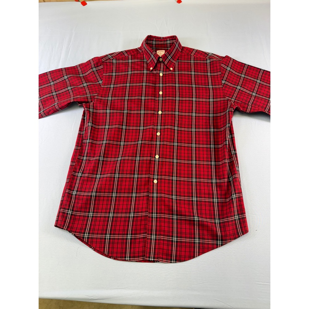 Brooks Brothers 346 Mens Red Tartan Plaid Short Sleeve Non-Iron Shirt Size M‎